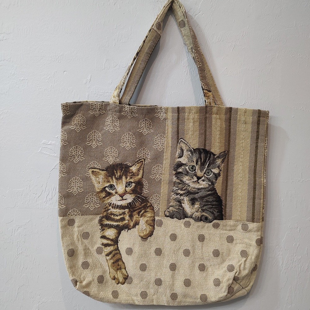 Cat Kitten Tote Bag Tapestry Shoulder School Book 18x17 Canvas Mixed Pattern Vtg
